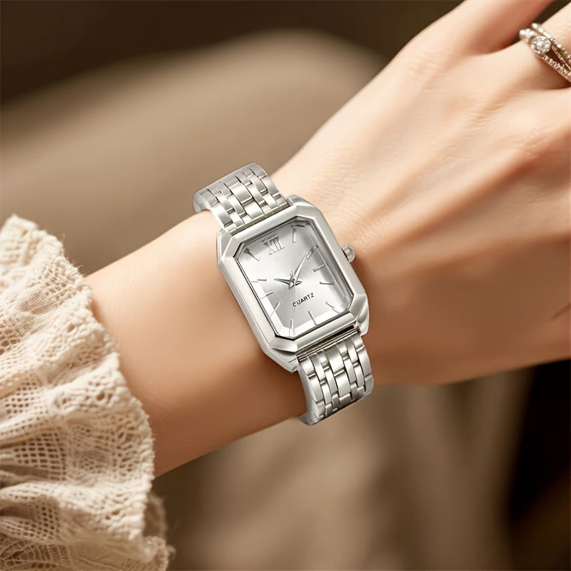 Luxury Rectangular Dial Women’s Watch – Stainless Steel Quartz Fashion Wristwatch
