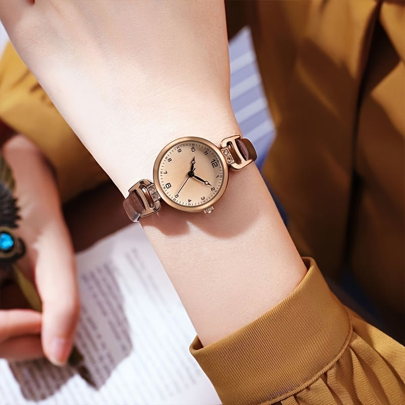 Elegant Women’s Round Watch – Delicate Faux Leather Strap Quartz Fashion Wristwatch
