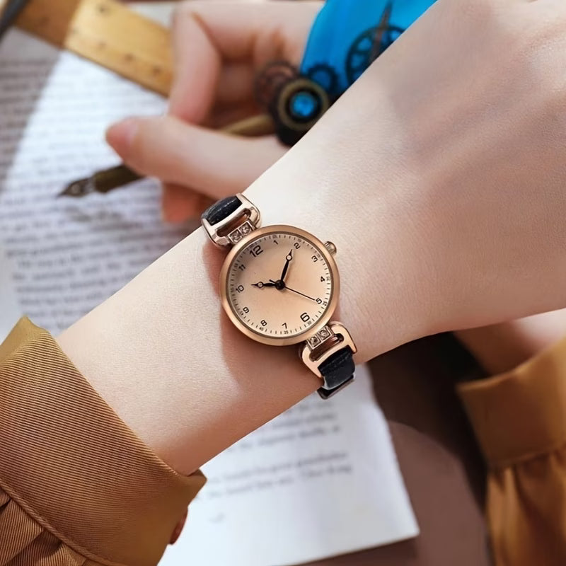 Elegant Women’s Round Watch – Delicate Faux Leather Strap Quartz Fashion Wristwatch